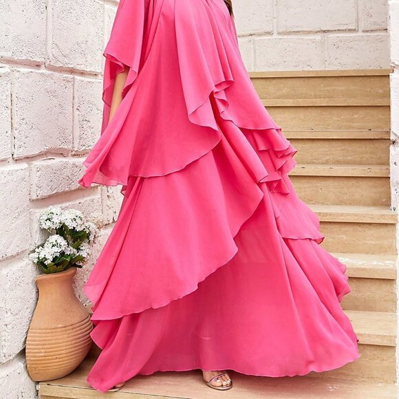 Hot Pink Casual Womens Ruffle Trim Batwing Sleeve Chiffon Dress - Picture 4 of 5